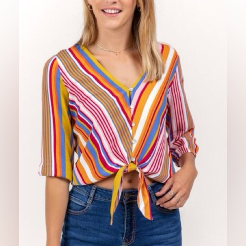 FRANCESA’S STRIPE FRONT TIE BLOUSE